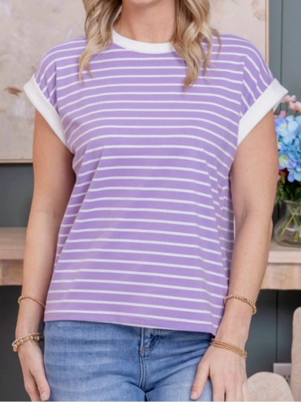 Contrast Trim Cap Sleeve Striped Lavender Tee - Women. Small
